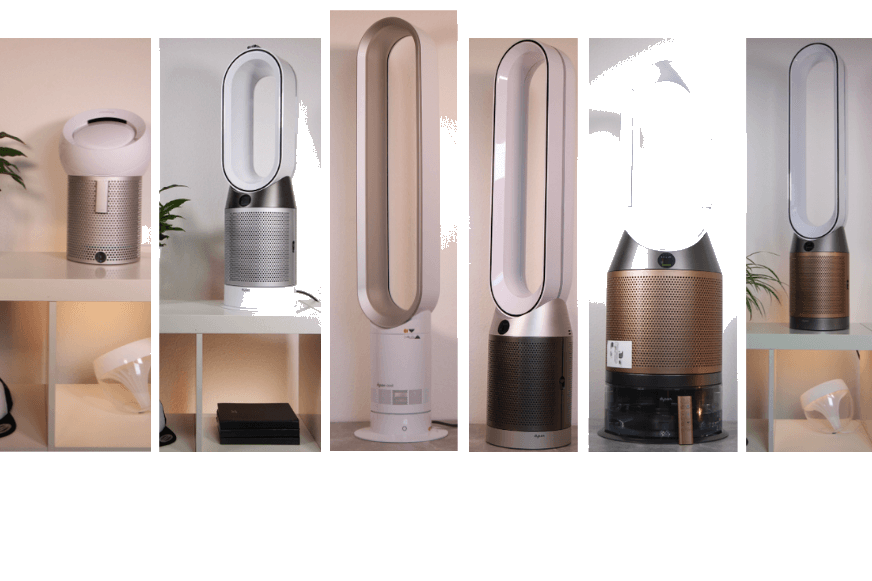 Verschiedene Dyson Luftreiniger, Ventilator und Raumklimageräte stehen nebeneinander im Angebot